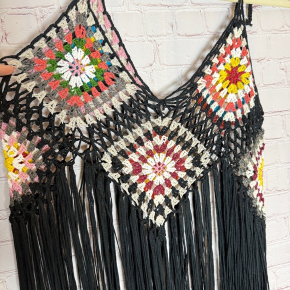 Handmade Black Crochet Fringe swim cover-up Dress with Multicolor Accents - Picture 2 of 3